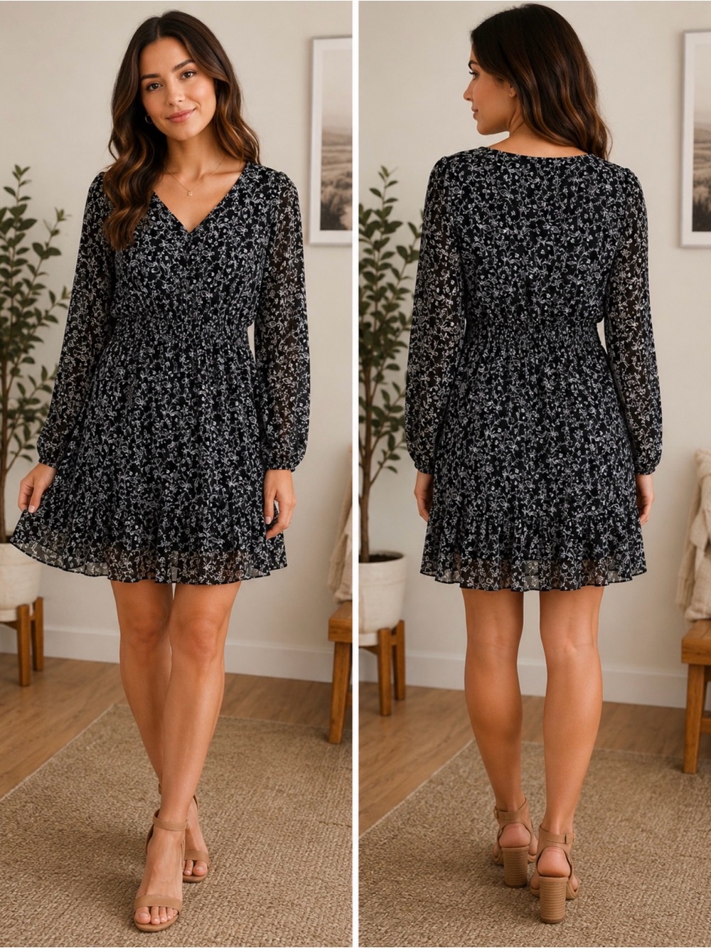 Kathy Ireland Black Floral V-Neck Smocked Waist Mini Dress